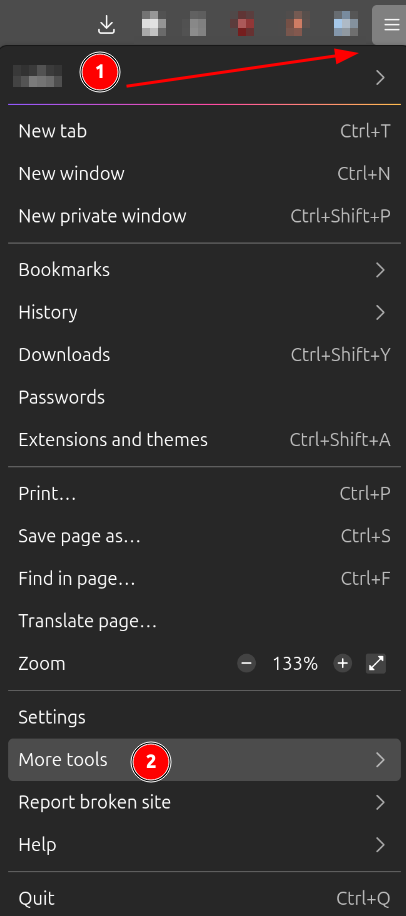 Image of firefox's menu with indicators pointing to the hamburger button and more tools list item
