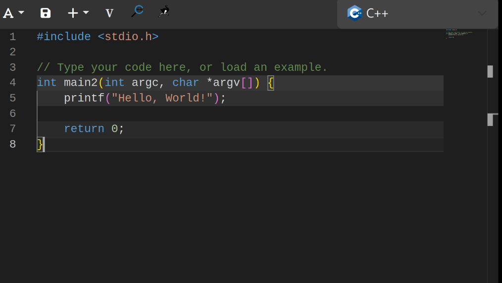 C source code for the hello world example