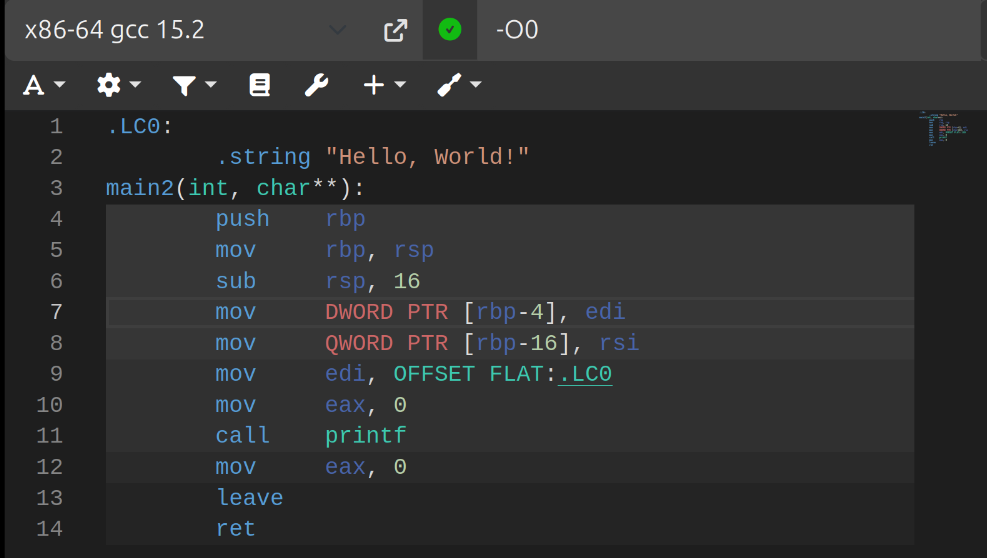 Assembly code output by godbolt for the hello world example
