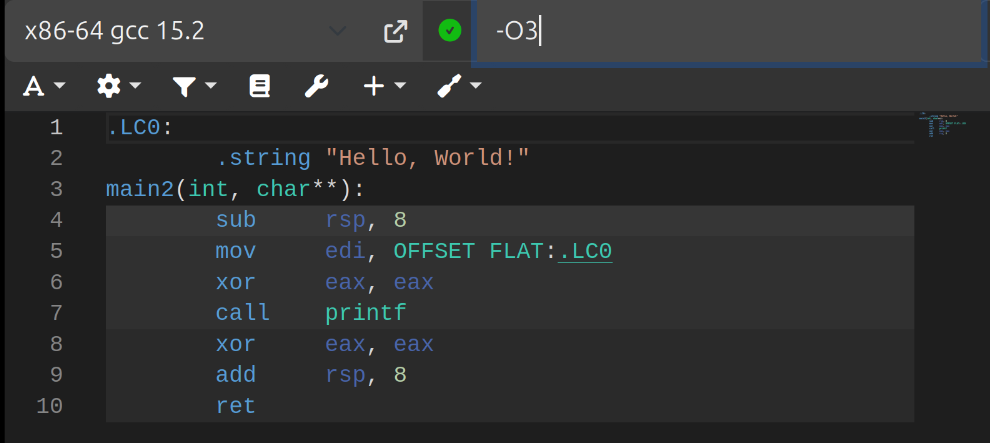 Assembly code output by godbolt for the hello world example when the -O3 flag is specified